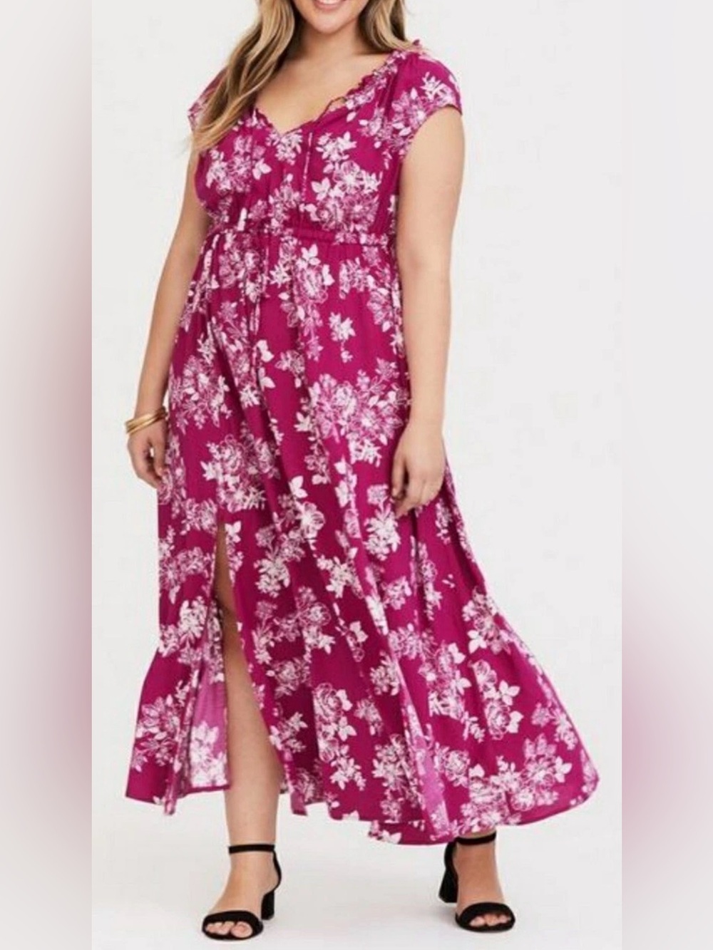 TORRID Maxi Dress Berry Floral Challis Front Slits 3